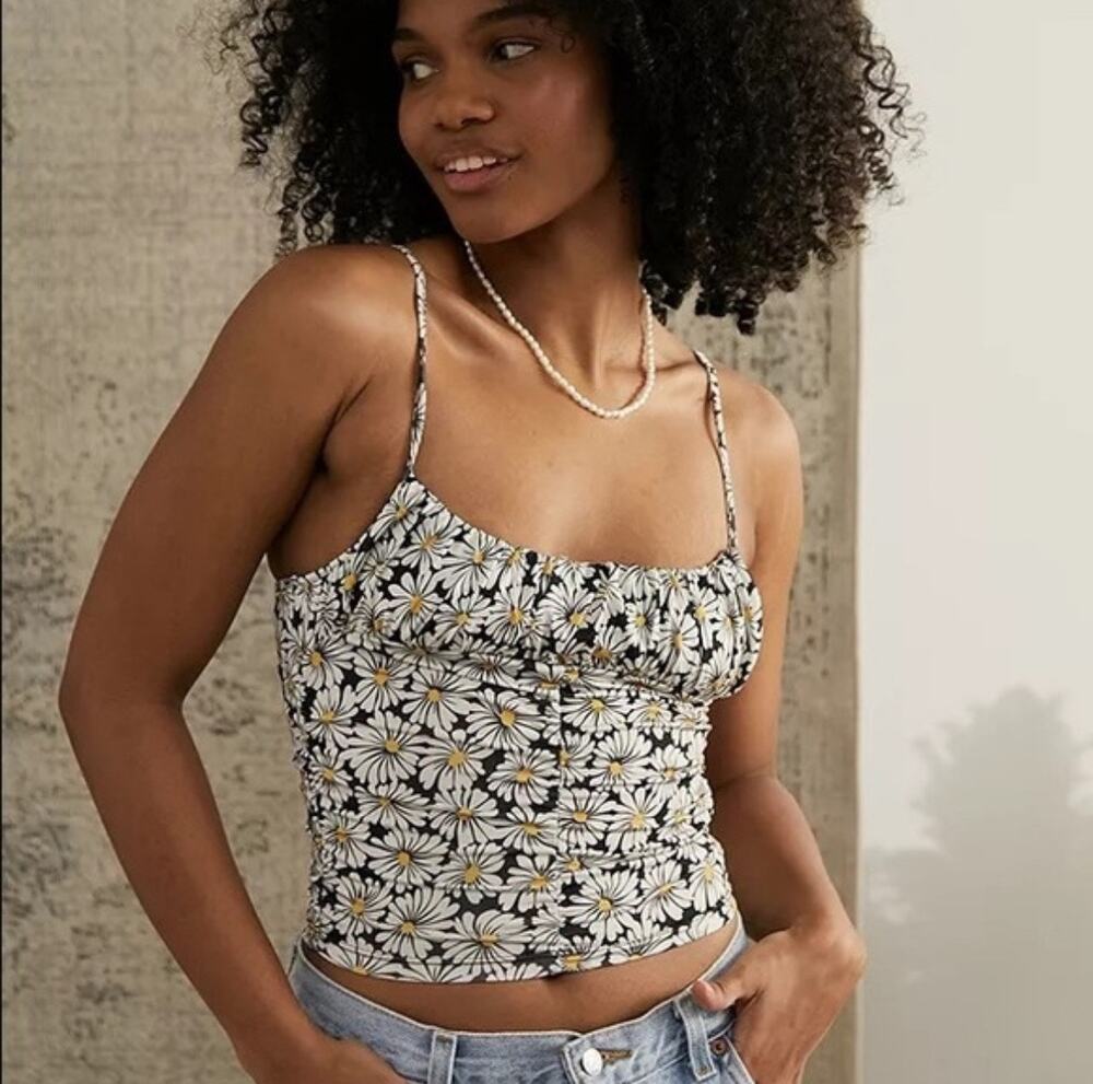 Urban Outfitters Sunflower Daisy Black White Yellow Milkmaid Tank Top